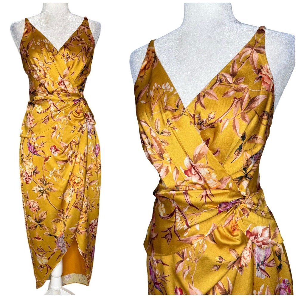 NWOT Express Satin Mustard Yellow Floral Bird Twist Front Tulip Midi Dress Small
